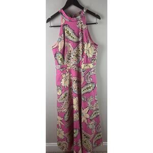 Tahari Dress Pink Halter Maxi Size 12 Paisley Floral Flowy Long